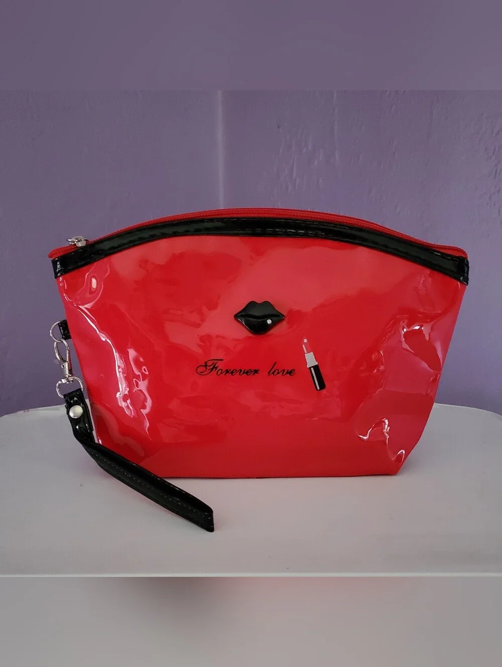 Red Patent Cosmetic Pouch Set with Lip Accents